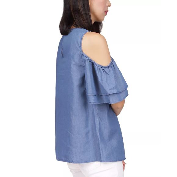 Michael Kors Women Denim Blue Cotton Tiered-Sleeve Cold-Shoulder Top Size S - Picture 3 of 4